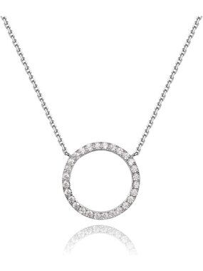 Rhodium Plated Circle Pendant Necklace, Sterling Silver, Paved Design for Women